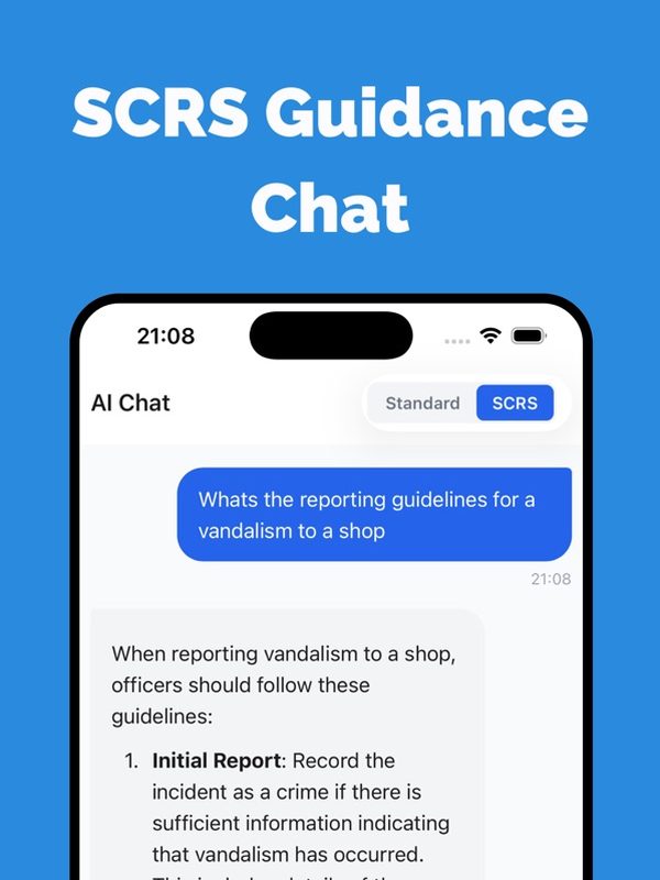 Scot Cop AI app screenshot showing SCRS guidance chat